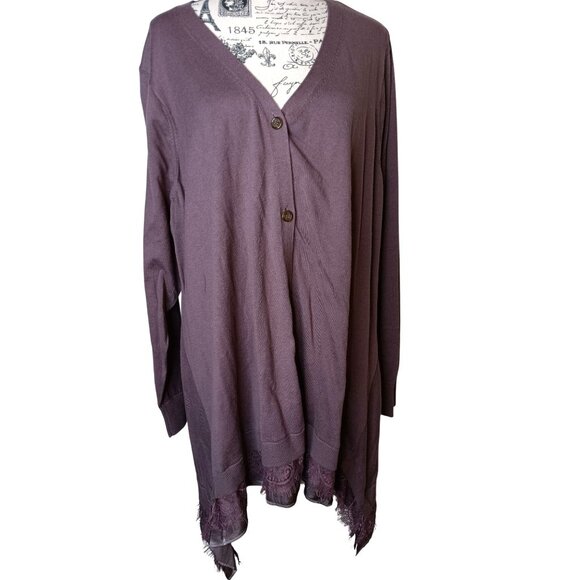 Logo Lori Goldstein 3X Tunic Top Dress Button Front Lace Trim Long Sleeve V Neck - Picture 1 of 4